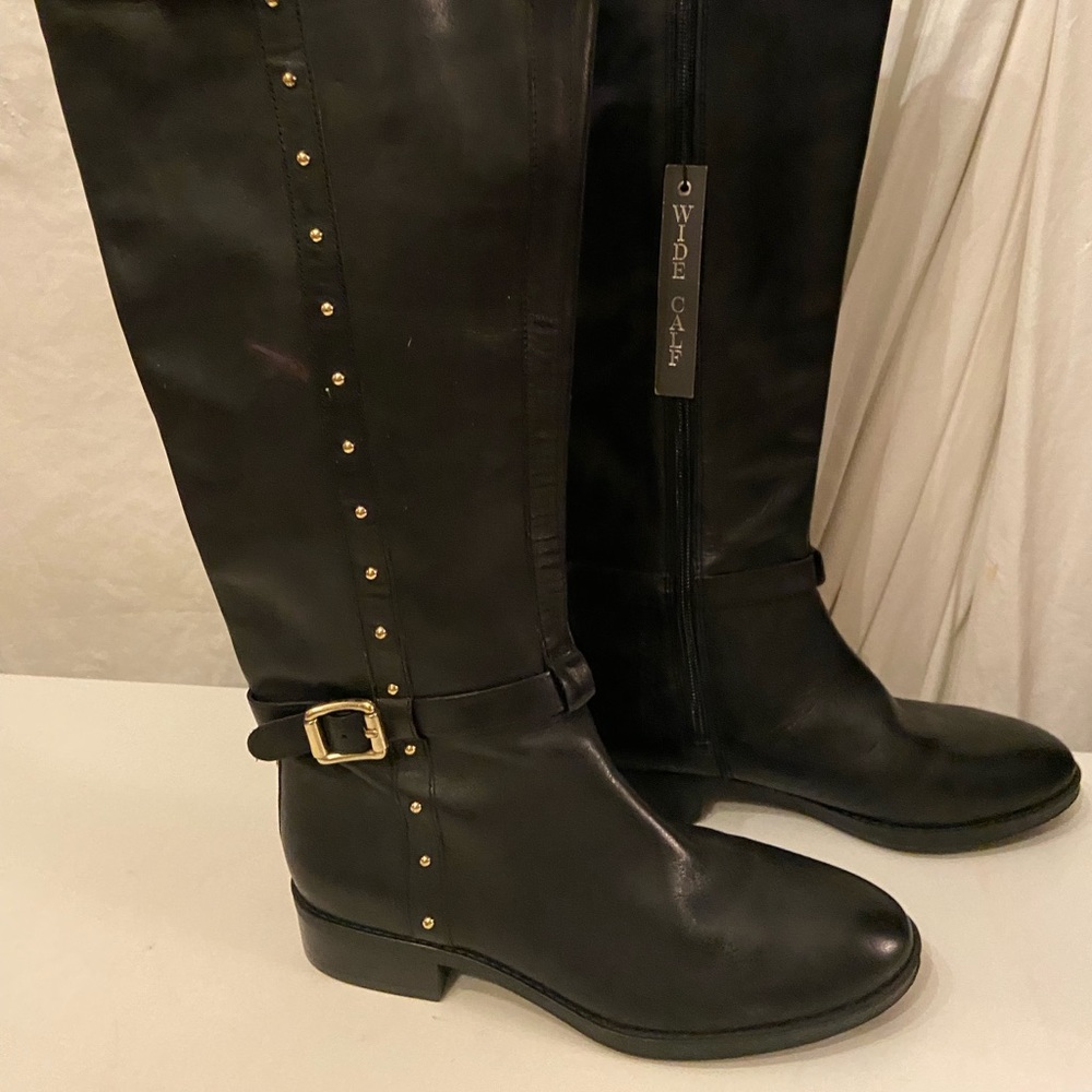 Vince Camuto black leather kneehigh boots silver studs up sides & full zip up 6